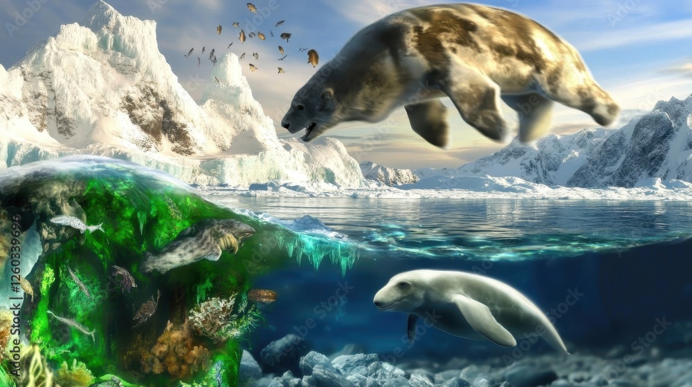 Naklejka premium Polar Bear and Sea Cow in Arctic Landscape with Underwater Life