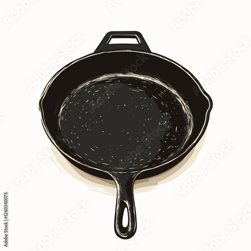 Cast iron skillet vector illustration Heavy duty fry frying pan flat style clipart graphic isolated on white background