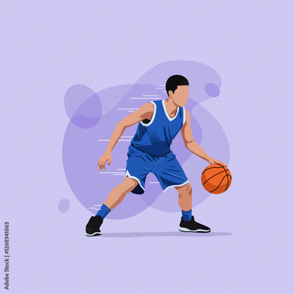 Basketball Player Dribbling Vector Illustration in Action on Light Purple Background Basketball Player Dribbling Vector Illustration in Action on Light Purple Background