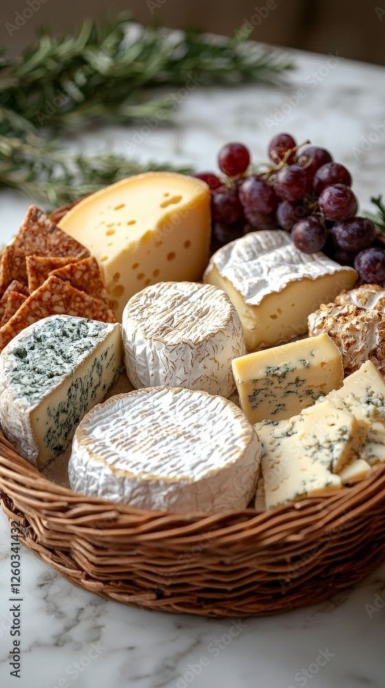 An elegant arrangement of assorted cheese varieties and fresh grapes in a woven basket, creating a sophisticated look for gatherings and culinary events. An elegant arrangement of assorted cheese varieties and fresh grapes in a woven basket, creating a sophisticated look for gatherings and culinary events.