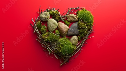 Wallpaper Mural Heart made of stones, moss, and twigs, artfully arranged on a bright red background, symbolizing love and the beauty of natural materials. AI generated. Torontodigital.ca