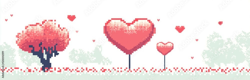Pixel art illustration of charming trees and heart shapes in soft pink hues, symbolizing love, creativity, and romance Pixel art illustration of charming trees and heart shapes in soft pink hues, symbolizing love, creativity, and romance