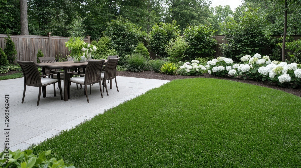 Backyard patio dining area with manicured lawn and landscaping Backyard patio dining area with manicured lawn and landscaping