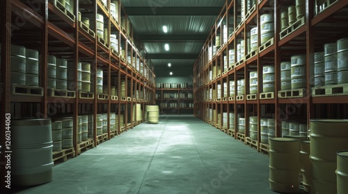 Wallpaper Mural Industrial warehouse, barrels stacked, storage, concrete floor, nighttime Torontodigital.ca