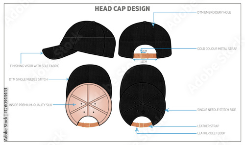 Black Colour Head Cap Fashion Design Technical Tech Pack. 