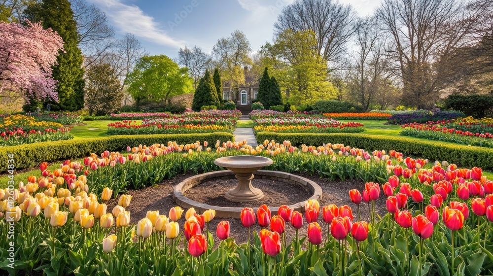 Obraz premium Spring tulips garden, mansion background, sunny day, landscape