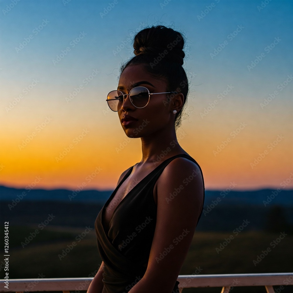 Fototapeta premium An Elegant Black Woman Wearing Stylish Sunglasses Poses Against a Beautiful Scenic Background