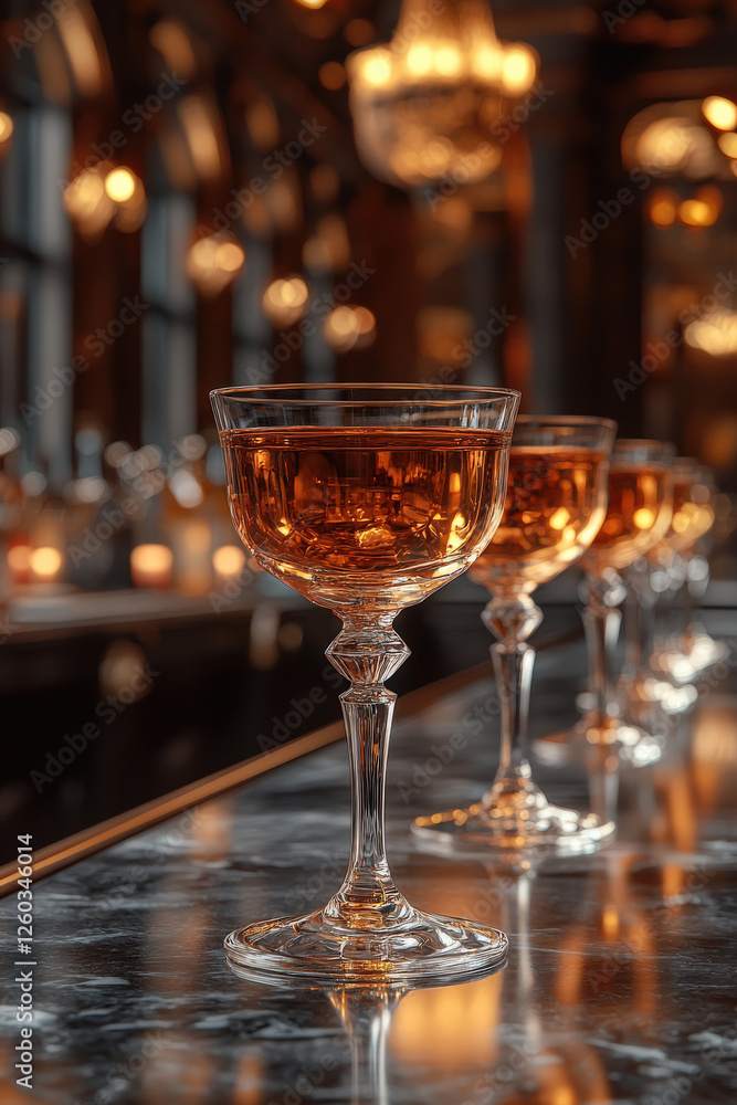 Elegant array of crystal wine glasses on luxurious marble bar Elegant array of crystal wine glasses on luxurious marble bar