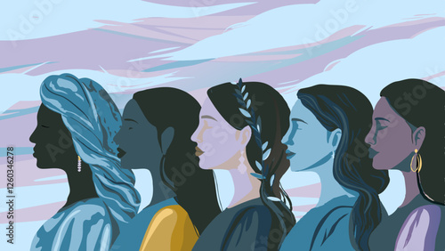 International Women's Day. Illustration with women different nationalities and cultures.