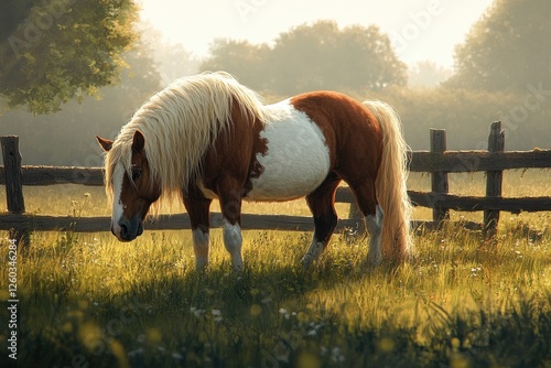 A majestic brown and white Gypsy Vanner horse grazes in the sunlit meadow, standing tall with its flowing mane and long tail. photo