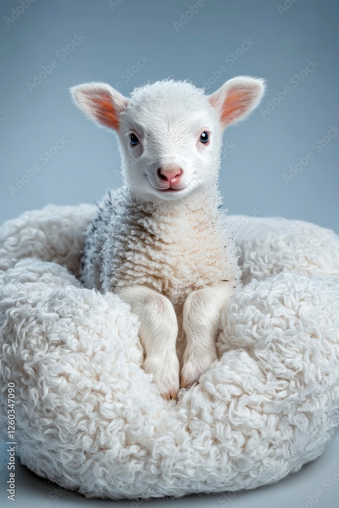 Fototapeta premium Adorable Lamb Resting in a Fluffy White Bed