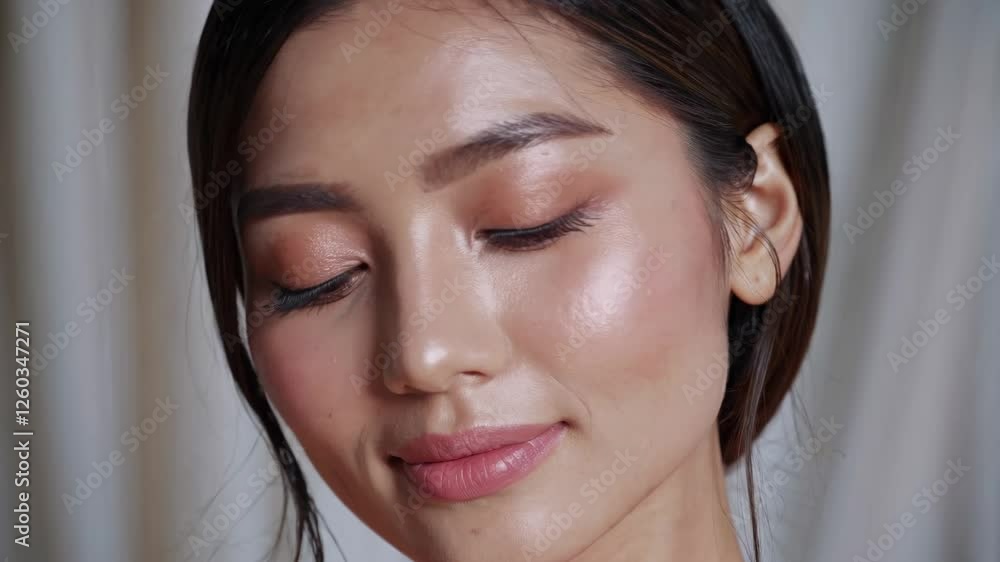 Close-up video shot of a woman's face, highlighting natural makeup and glowing skin. Soft lighting and direct angle enhance the serene expression. Close-up video shot of a woman's face, highlighting natural makeup and glowing skin. Soft lighting and direct angle enhance the serene expression.