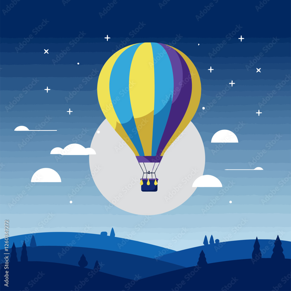 Obraz premium Hot Air Balloon Flying Over Landscape at Night with Full Moon