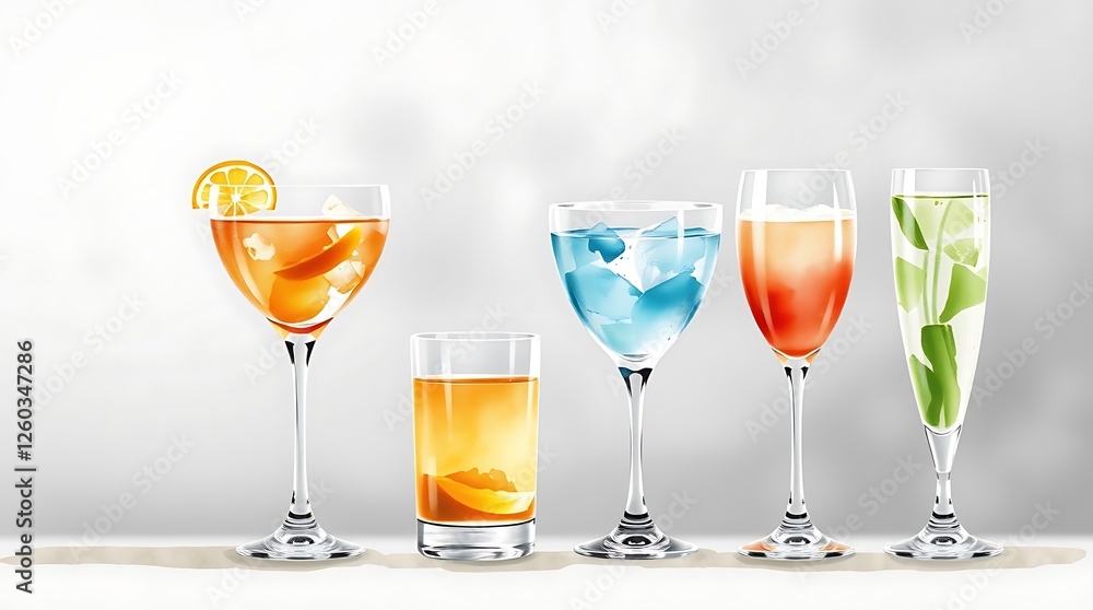 Different drinks in glasses on grey background Different drinks in glasses on grey background