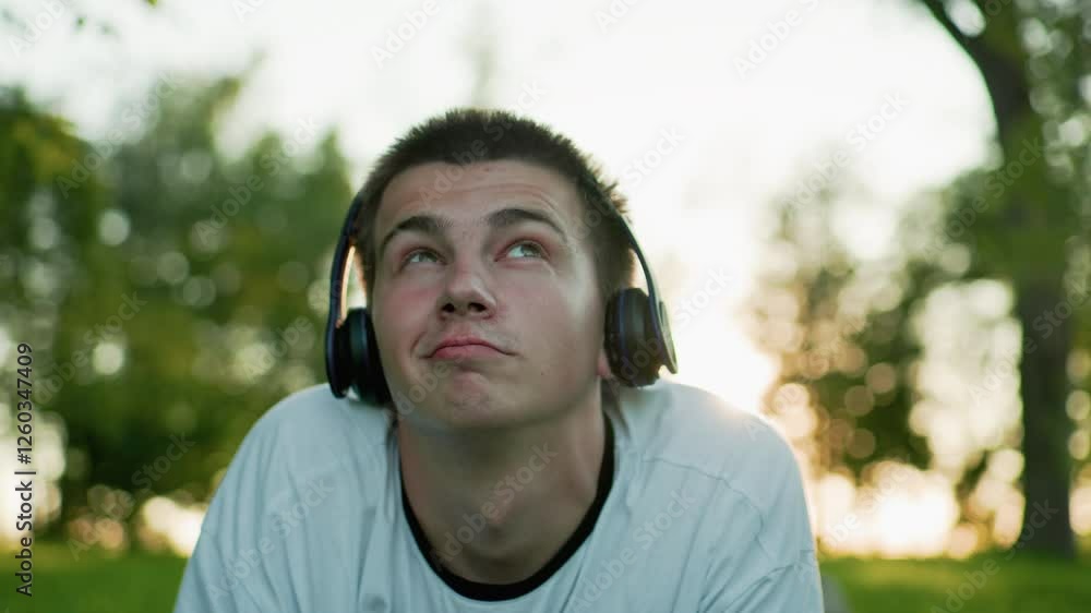 Close up of music artist lying on grass wearing headphones nodding to music while using phone, looking upward thoughtfully, with soft bokeh effect from trees Close up of music artist lying on grass wearing headphones nodding to music while using phone, looking upward thoughtfully, with soft bokeh effect from trees