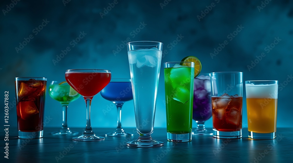 Different drinks in glasses on grey background Different drinks in glasses on grey background