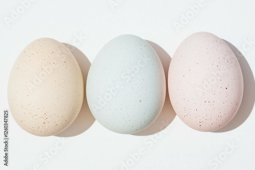 Pastel colored eggs in soft hues of pink, blue, and beige with speckles on a minimalist white background, perfect for spring themes and Easter celebrations photo