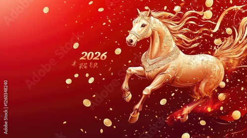 Golden horse with coins on red background celebrating 2026 in a festive design