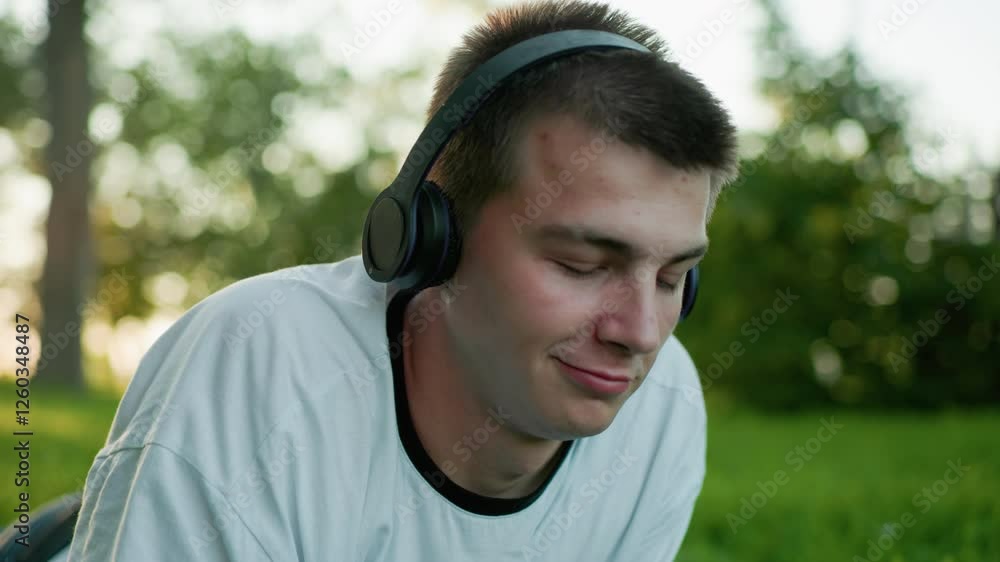 Close up of young artist lying on grass wearing headphones nodding to music while using phone and gazing up with subtle smile, surrounded by greenery and soft blurred background Close up of young artist lying on grass wearing headphones nodding to music while using phone and gazing up with subtle smile, surrounded by greenery and soft blurred background