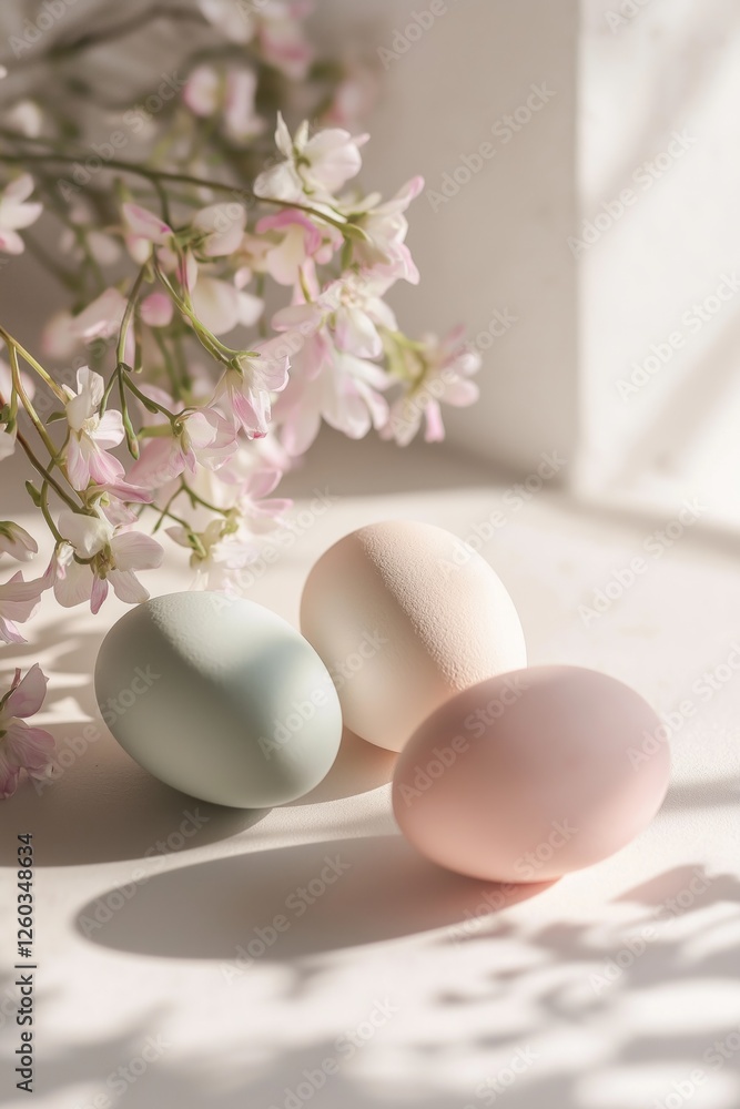 Three pastel-colored eggs on white table near delicate spring flowers, pink and beige aesthetic with copy space. Easter minimalist card concept. Three pastel-colored eggs on white table near delicate spring flowers, pink and beige aesthetic with copy space. Easter minimalist card concept.