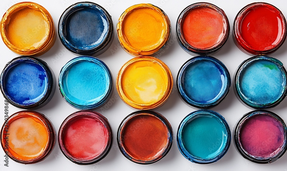 Colorful Paint Containers Arranged in Grid Pattern Colorful Paint Containers Arranged in Grid Pattern