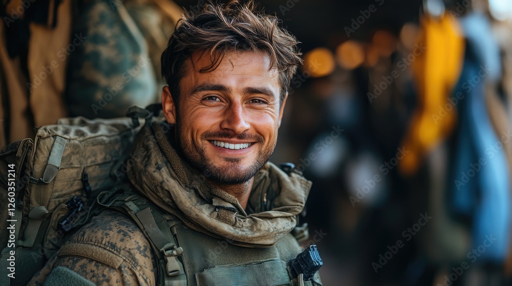 Smiling military medic wearing tactical gear in a dynamic operational environment showcasing professionalism and readiness. Smiling military medic wearing tactical gear in a dynamic operational environment showcasing professionalism and readiness.