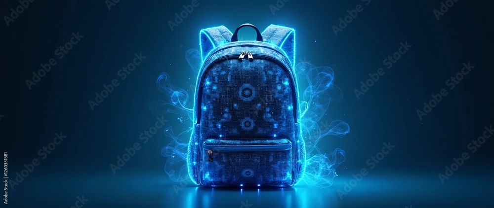 Fototapeta premium Futuristic Blue Backpack with Glowing Effects on Dark Background