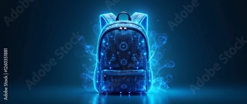 Futuristic Blue Backpack with Glowing Effects on Dark Background