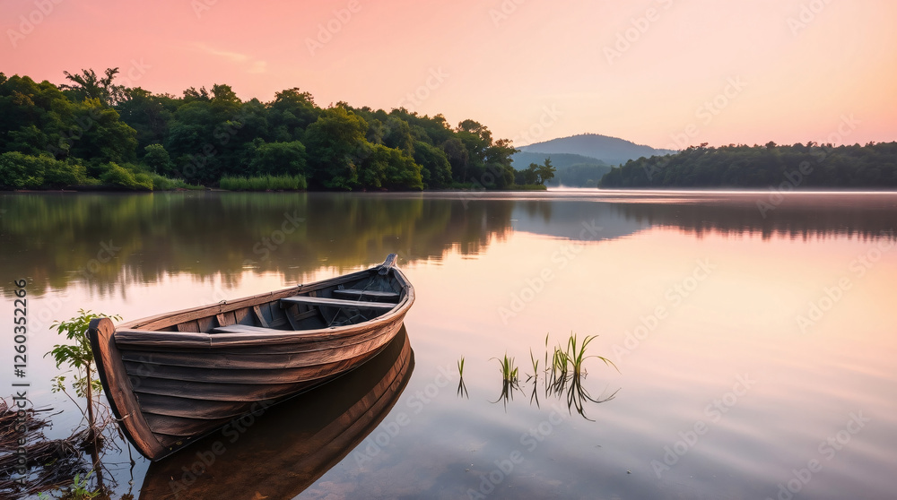 Fototapeta premium Sunrise Serenity: A Wooden Boat on a Mirror-Like Lake