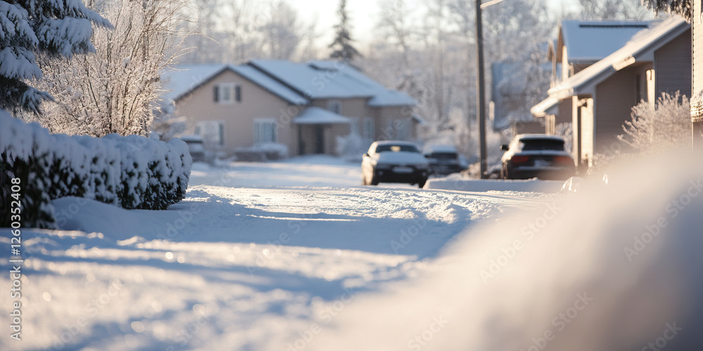 Obraz premium Snow-Covered Suburban Street with Parked Vehicles
