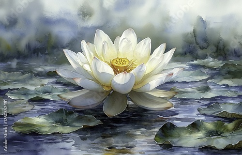 Elegant white lotus flower in watercolor style 