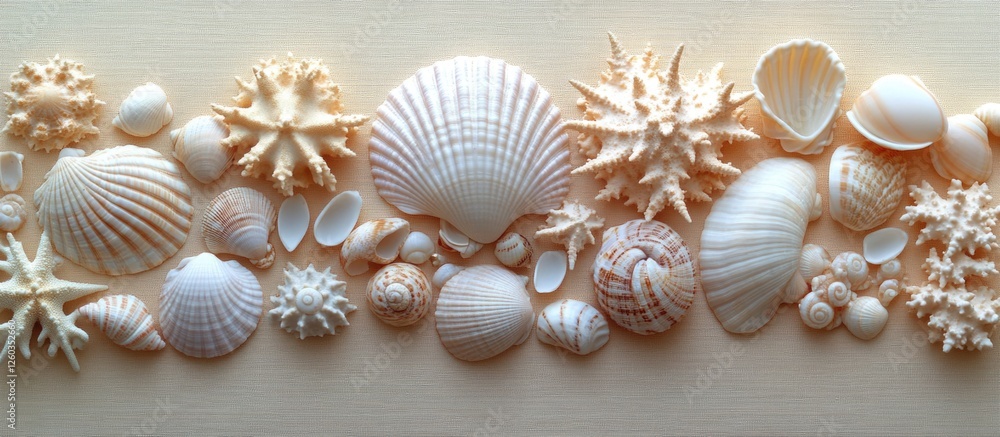 Seashells and jewelry arranged artistically on a natural beige background creating a serene home decor aesthetic Seashells and jewelry arranged artistically on a natural beige background creating a serene home decor aesthetic