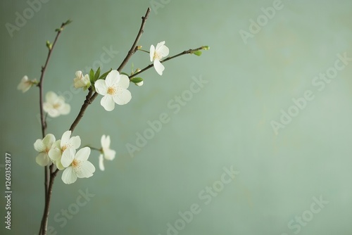 Wallpaper Mural White peach blossoms on an isolated pastel green background, with a minimalist floral arrangement, creating serene composition with copy space. Spring and new beginnings concept. Torontodigital.ca