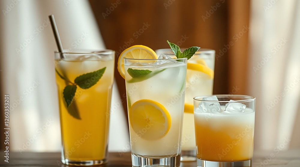 Different fresh lemonades in glasses with ice cubes, cocktail glasses concept Different fresh lemonades in glasses with ice cubes, cocktail glasses concept