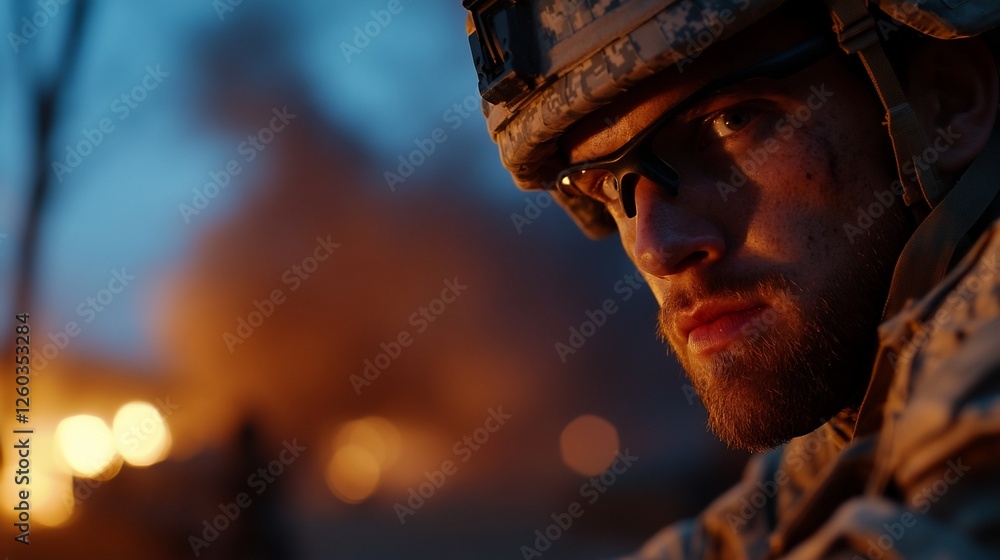 Fototapeta premium Soldier night combat fire serious face