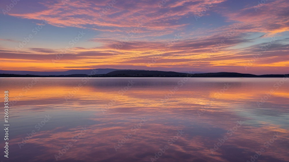 Obraz premium A serene sunset over a calm lake. Wispy clouds are reflected on the water's surface, creating a mirrored effect of the sky.