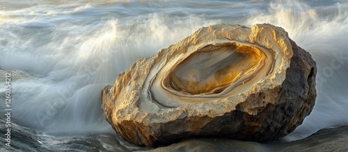 Unique sandstone concretion along the shoreline of Shore Acres State Park in Oregon showcasing coastal waves and geological formations photo