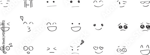 手書きの表情・感情表現イラストセット　白黒　Handwritten facial expression illustration set