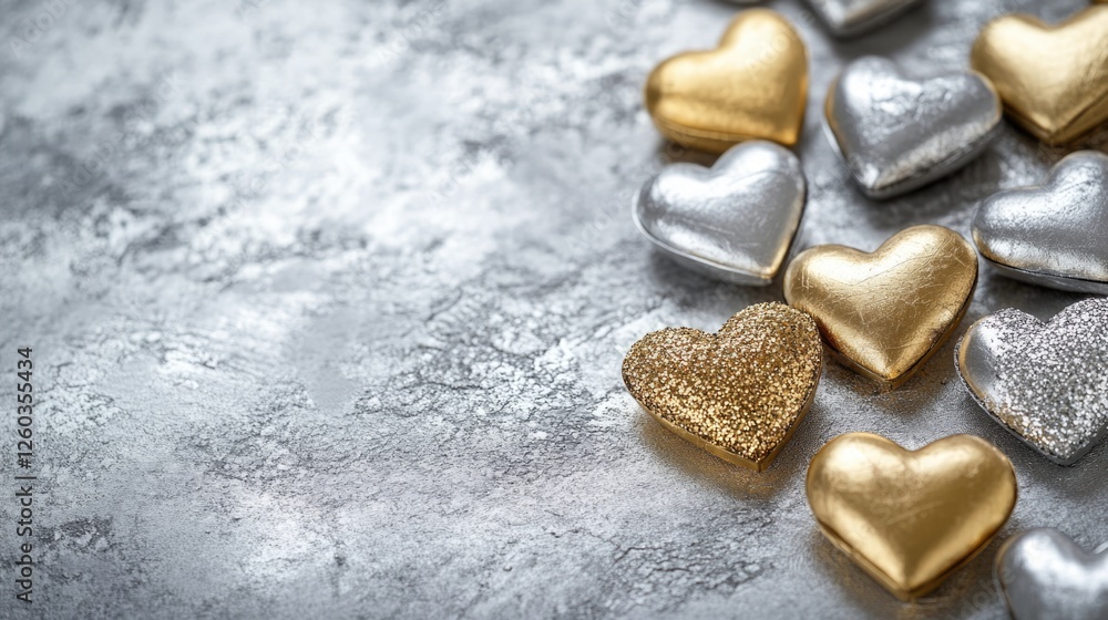 Obraz premium Gold and Silver Heart Shapes on Metallic Background Ready for Copy Space and Seasonal or Romantic Messages
