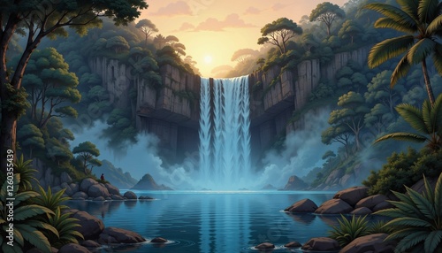 Majestic waterfall cascading into serene pool at twilight, tranquil escape