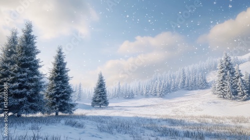 Wallpaper Mural Serene winter landscape featuring evergreen trees blanketed in snow with soft snowflakes falling creating a tranquil and peaceful atmosphere Torontodigital.ca