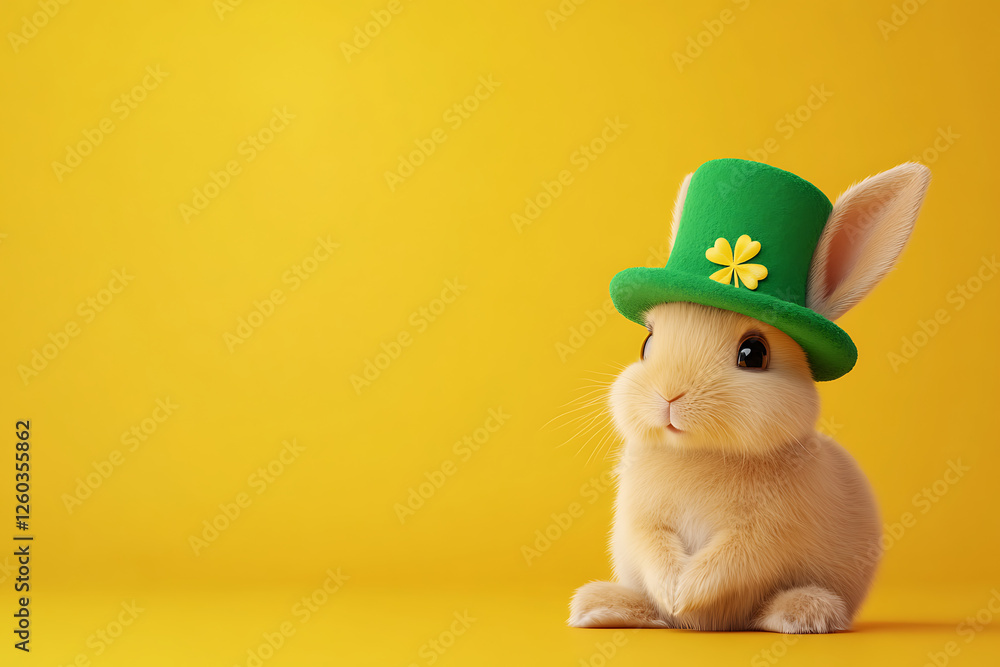 Obraz premium A cute rabbit wearing a green hat with a shamrock, set against a vibrant yellow background, symbolizing spring festivities