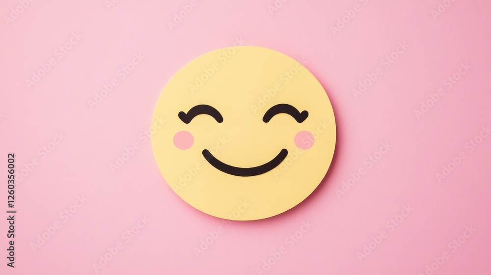 Cheerful smiling face emoji paper cutout design on a soft pink background for vibrant social media and marketing visuals Cheerful smiling face emoji paper cutout design on a soft pink background for vibrant social media and marketing visuals