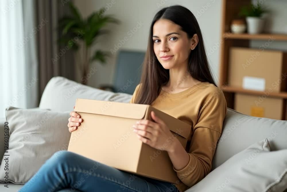 Joyful Young Woman Opening a Package on a Comfortable Couch in a Bright, Warm Living Room with Modern Decor Joyful Young Woman Opening a Package on a Comfortable Couch in a Bright, Warm Living Room with Modern Decor