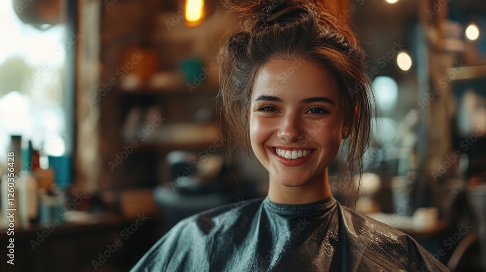 Young female barber smiling in salon ready to serve customers in a cozy and inviting atmosphere Young female barber smiling in salon ready to serve customers in a cozy and inviting atmosphere