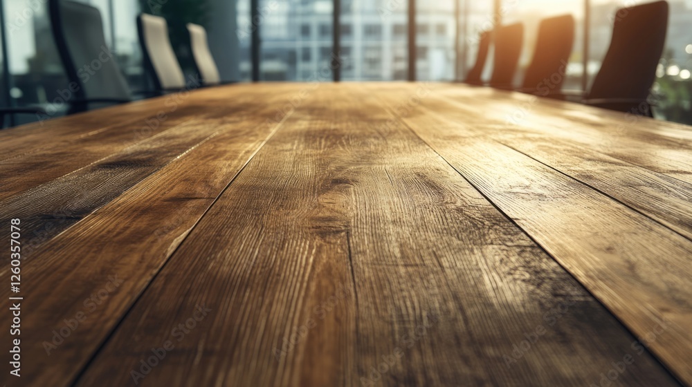 Obraz premium Wooden conference table in modern office with daylight reflections and empty space for text in a collaborative work environment