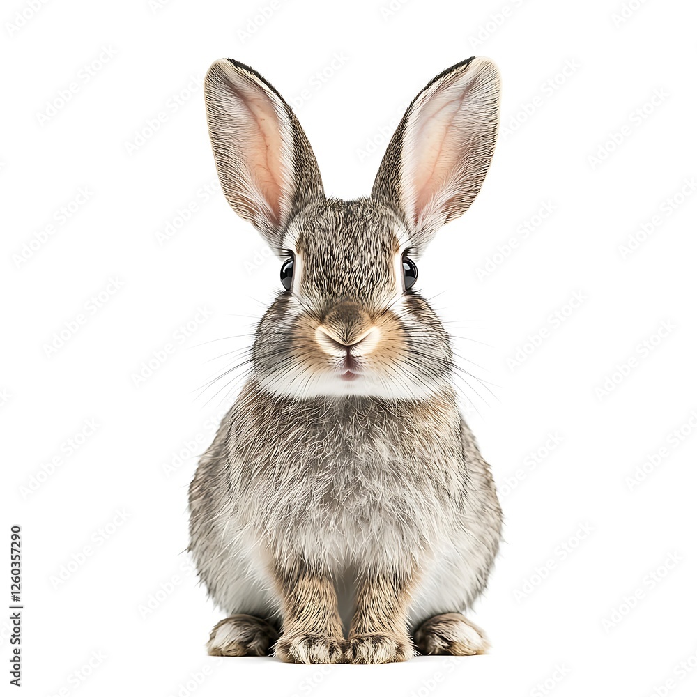 Obraz premium Cute grey rabbit sitting, white background, pet, Easter