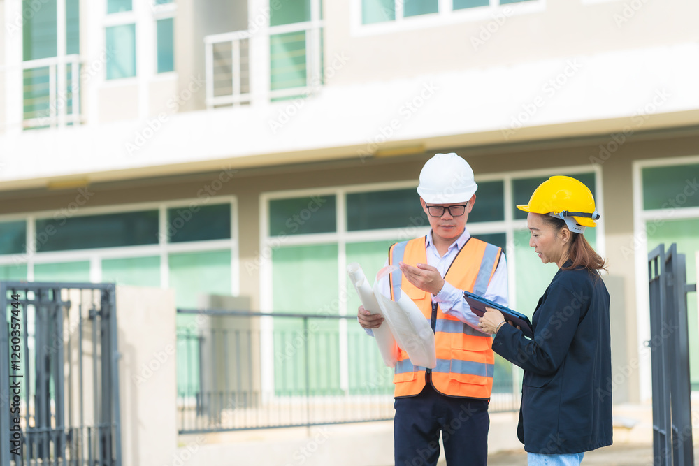 Asian male and female engineers inspecting outdoor work in hard hats and real estate agents or managers discussing blueprint plans with digital tablets. Asian male and female engineers inspecting outdoor work in hard hats and real estate agents or managers discussing blueprint plans with digital tablets.