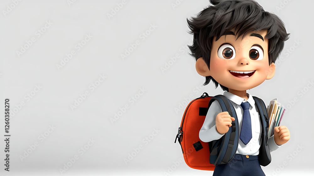 A cartoon boy is smiling and holding a backpack and books. generated using AI A cartoon boy is smiling and holding a backpack and books. generated using AI