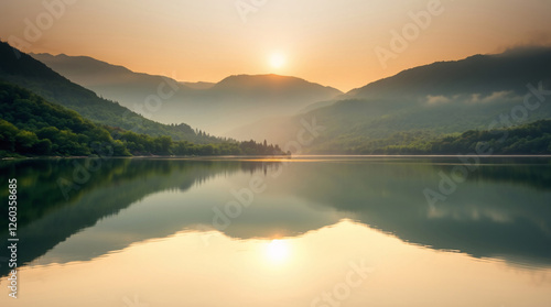 Wallpaper Mural Misty Morning in the Mountains with a Calm Lake Reflection Torontodigital.ca